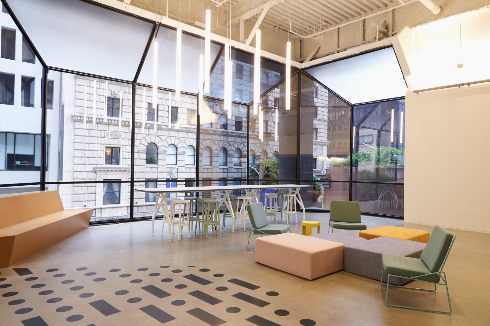 Modern windows and furniture in corporate business cafeteria